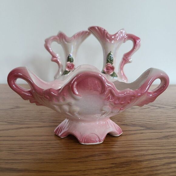 Three Piece Iridescent Lusterware Pink Bud Vase Set 3-D Capodimonte Flowers - Picture 4 of 15